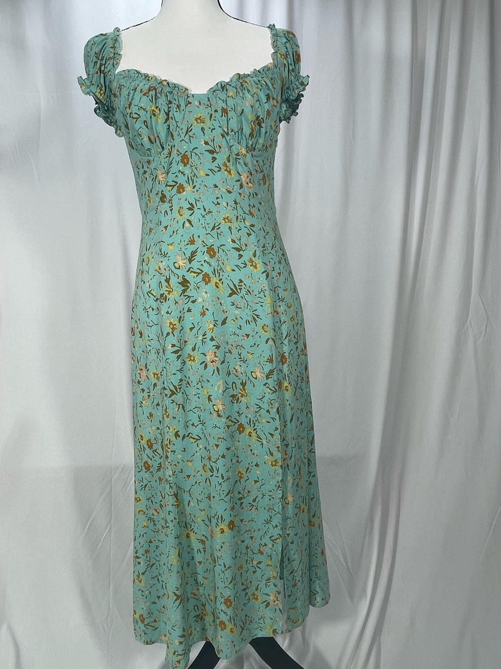 Hello Molly Teal Green Floral Midi Dress w/ ruffled bust & sleeves, smocked back